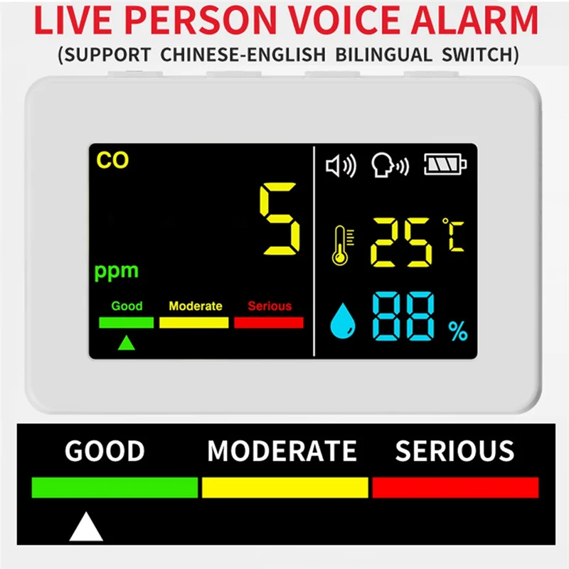 Portable Air Quality Meter 3-In-1 CO Temperature And Humidity Tester Carbon Monoxide  With Voice Alarm