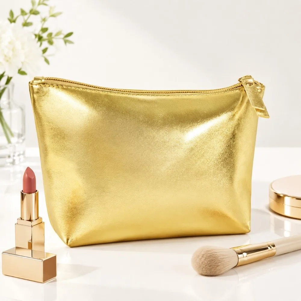 Portable Silver/Gold Handheld Makeup Bag PU Leather Zipper Closure Makeup Pouch Waterproof Soft Toiletry Bag Cosmetic Storage