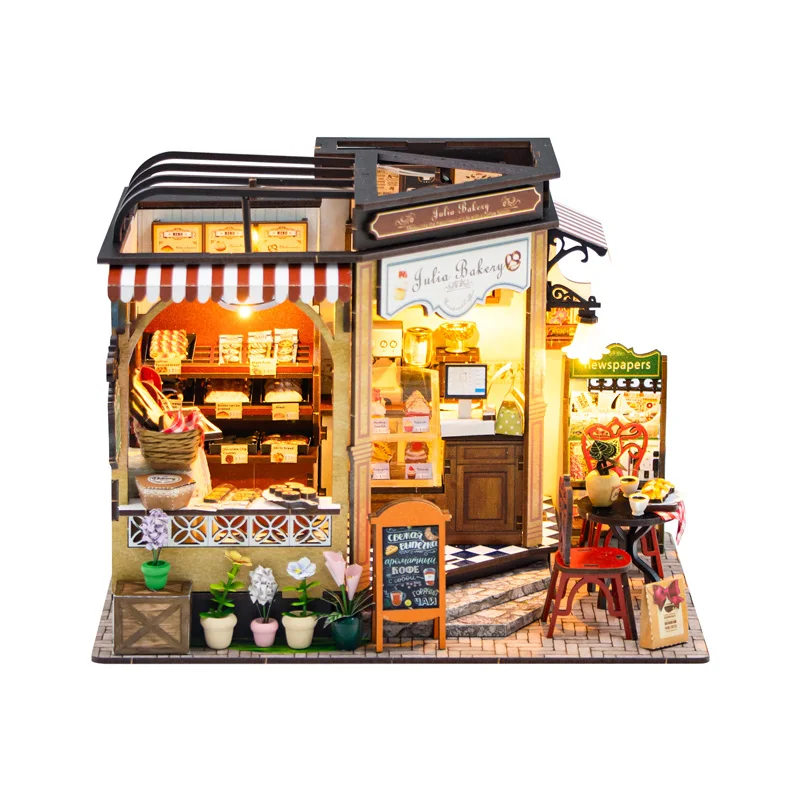 DIY Wooden Miniature Model Kit Julie Bakery Cottage Doll Houses 3D Puzzle Dollhouse With Furniture for Friends Birthday Gifts