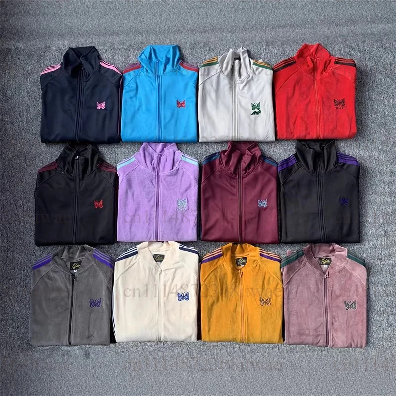 Unisex Velour Sports Track Jacket Butterfly Embroidery Decor Vintage Webbing Striped Stand‑Collar Zip‑Up Campus Outer Coat