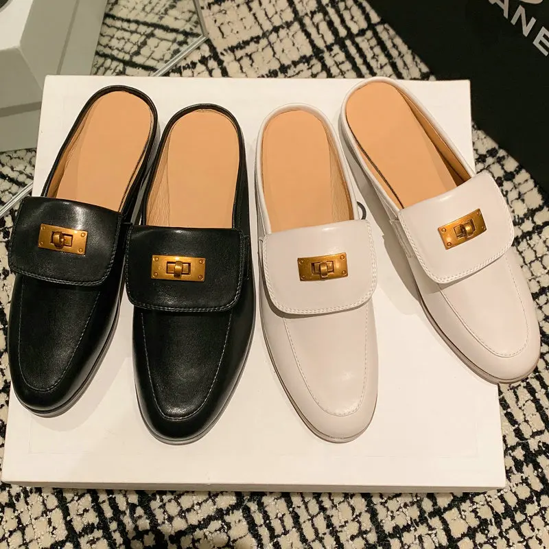 Soft Genuine Leather Closed Toe Spring Summer Woman Mules With Metal Lock Size 33-41 Slip-on Slippers Women Slides Flat Shoes