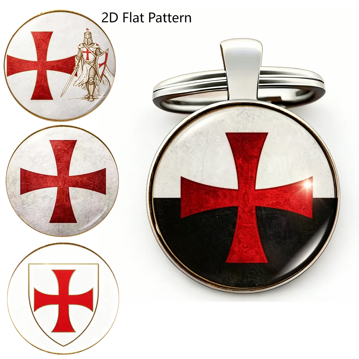 1Pc Knights Templar Red Cross Keychain Glass Dome 2D Print Metal Base Key Ring Bag Charm Medieval Amulet Historical Jewelry Gift