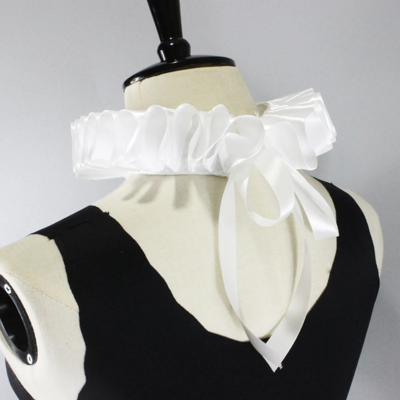 Women Romantic Ribbon Bow Ruffled Fake Collar Victorian Renaissance Neck Ruff White Satin Clown Choker Cosplay Drop Shipping