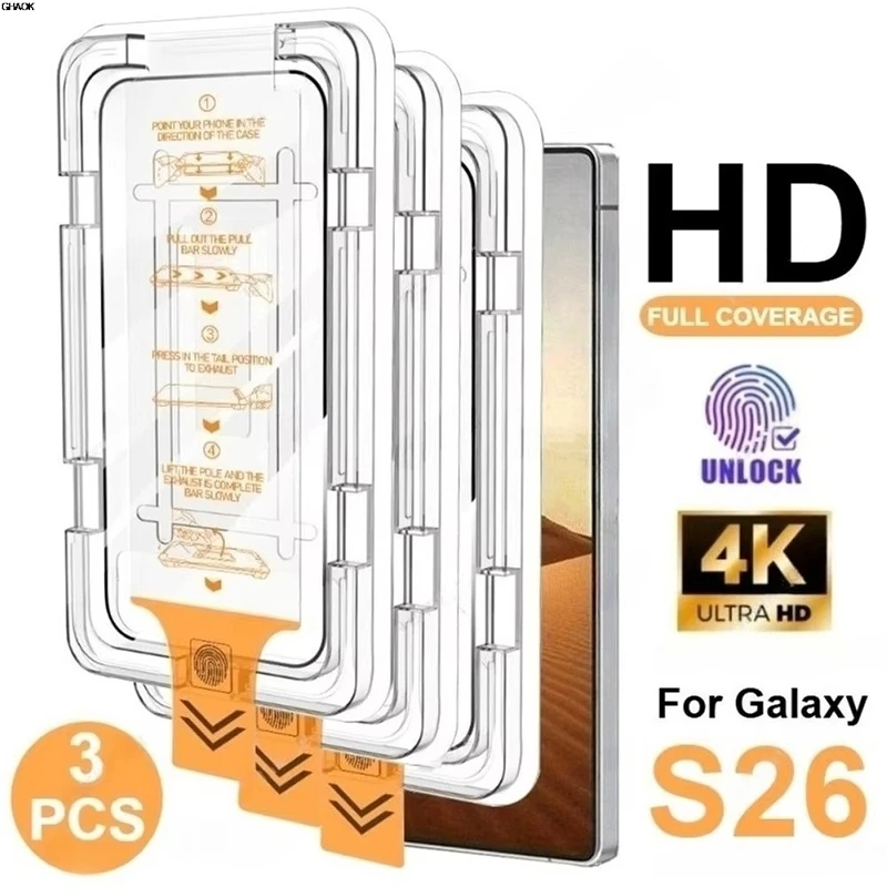

Защитная пленка для экрана Ultra HD (3 шт.) для Samsung Galaxy S25 S26 Ultra Edge Plus, с поддержкой разблокировки по отпечатку пальца, простая установка, закаленное стекло
