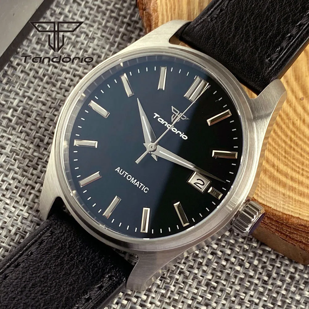 Tandorio 39mm Pilot Simple NH35A Męskie zegarki automatyczne 20bar Data Szafirowy kryształ Zielony Świecący Skręt Korona Skórzany pasek