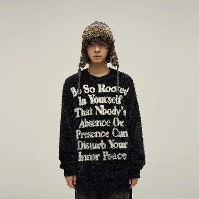 

Повседневный круглый вязаный свитер, пальто с буквенным принтом, норковый бархат, осень-зима, новый дизайн, мужское мягкое пальто из полиэфирного волокна