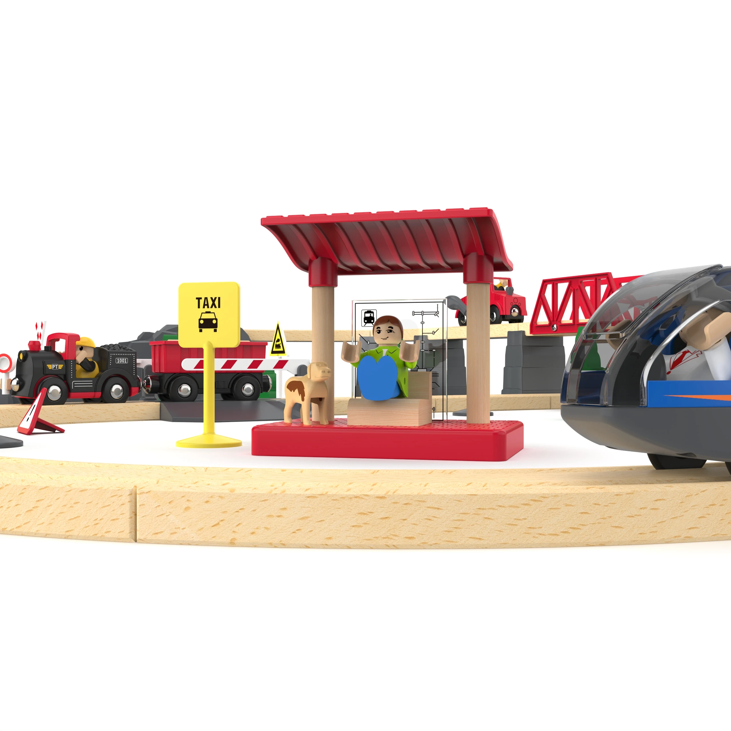 Set di binari Happy Station, binario in legno, piccolo treno, puzzle per bambini, modello di scena giocattolo, binario di montaggio, XT141
