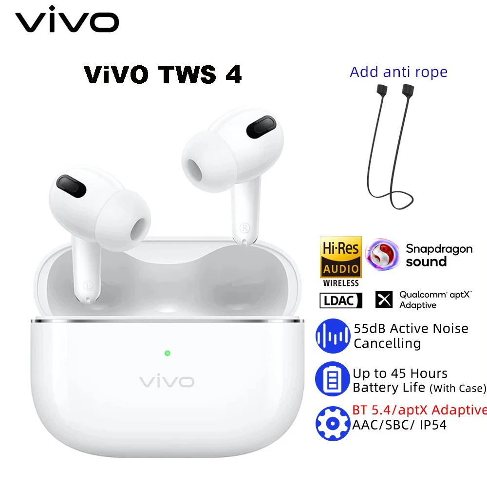 

VIVO TWS 4 True Wireless headset 55dB Active Noise Cancelling LDAC TWS Earphone Bluetooth 5.4 Up to 45 Hours Battery Life IP54