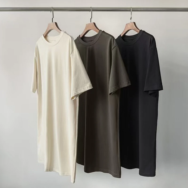 25 ปีฤดูร้อนสไตล์มินิมอลอเนกประสงค์กระชับสัดส่วนคอกลมหลวมความยาวกลางผ้าฝ้ายแขนสั้นชุดเสื้อยืด