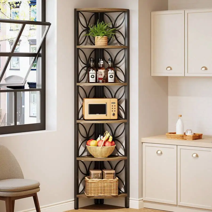 70.9' 6-Tier Shelf, Industrial Rustic Bookshelf Display Shelf For Living Room Decor, Wooden Shelving Unit Plant Stand Storage Ra