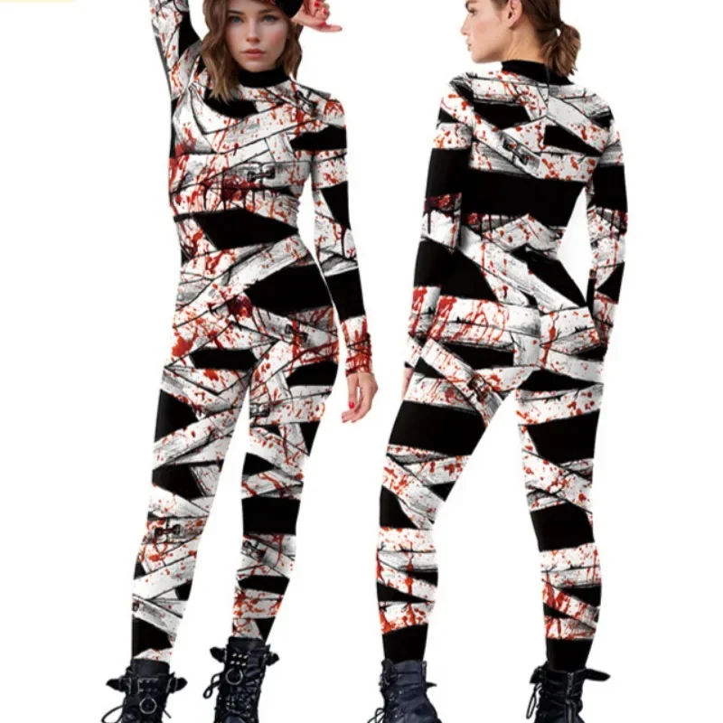 Catsuit con estampado 3D para mujer, mono de Cosplay de momia, disfraz de Cosplay sangriento y aterrador para Halloween, traje de fiesta Zenti