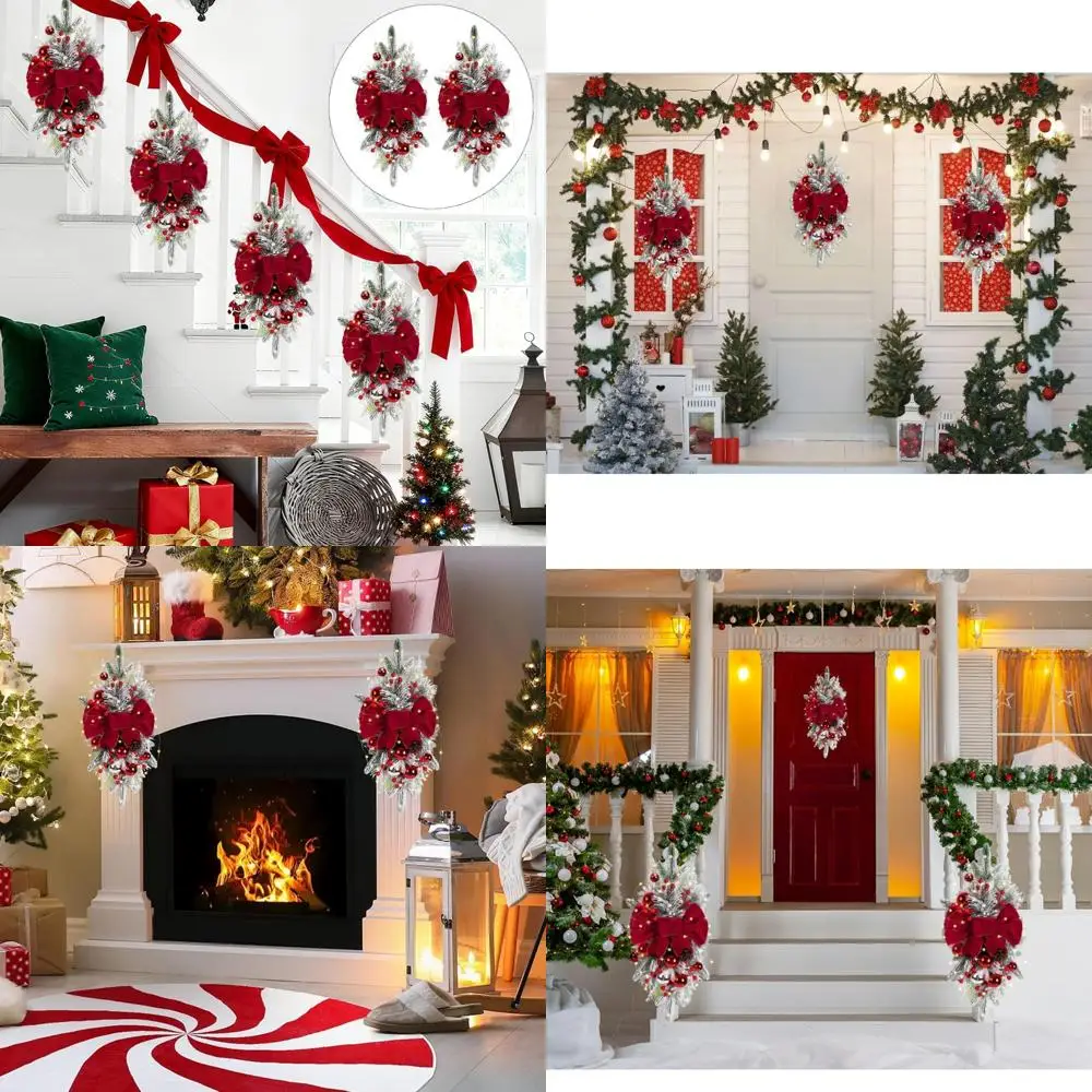 

Cordless 24-inch Red Teardrop Swag Christmas Decorations, Prelit Stair Swags, Festive Wreath for Holiday Staircase Lighting