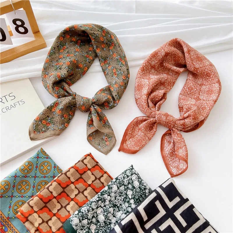 Geometric Patterns Square Neckerchief Scarf Dark Color Kerchief Headscarf Headband Women Neck Decoration Scarves Bandanas 63cm