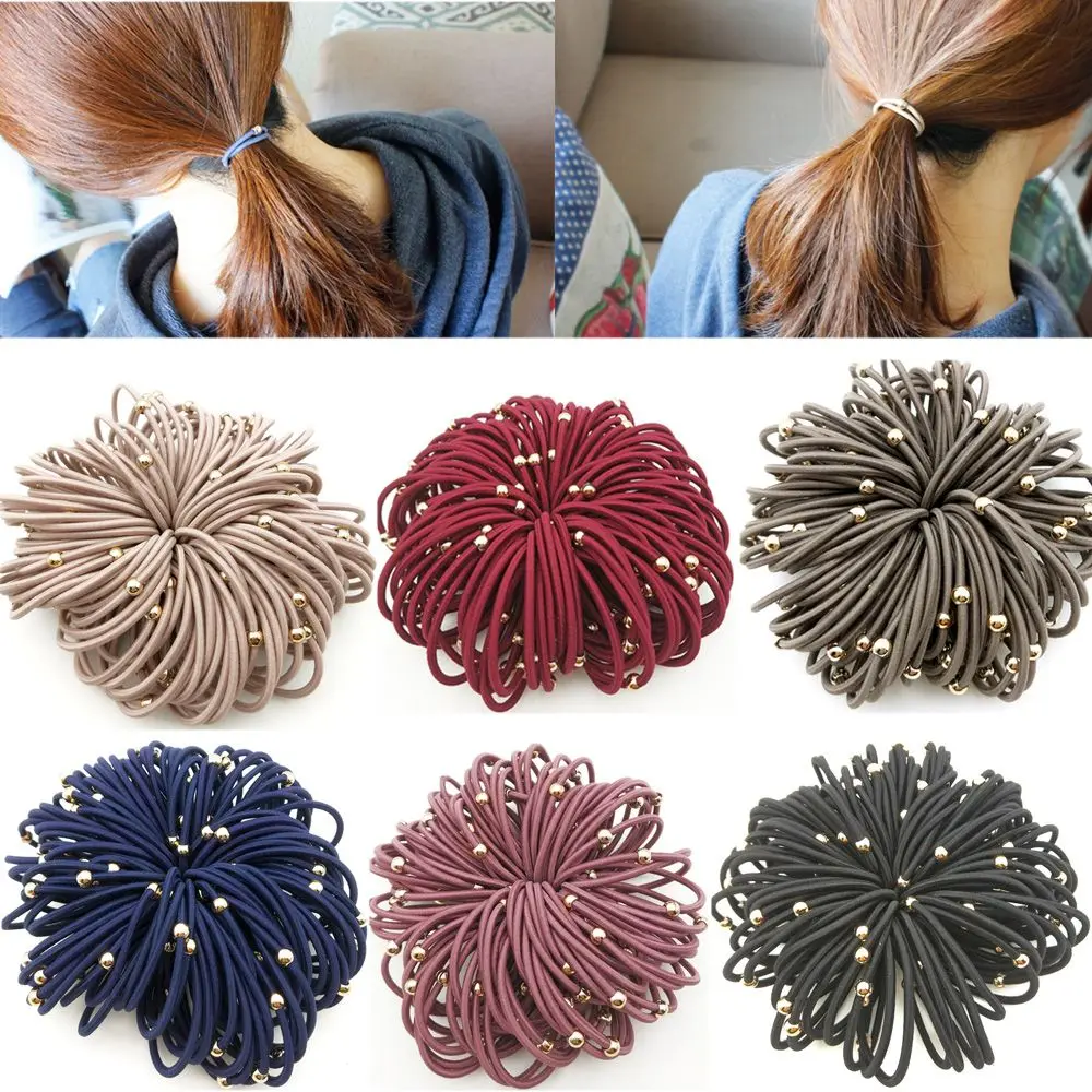 

Thin Women Gold Bead Hair accessories Tie Gum Elastic Hair Rope Hair Tie Ponytail Holder Rubber Bands