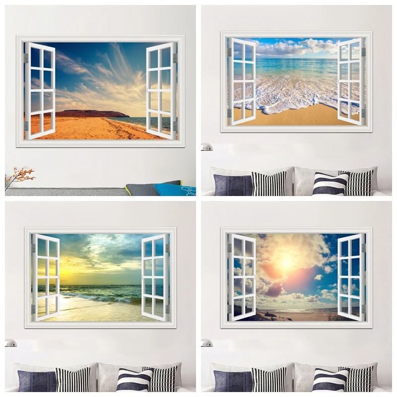 

Blue Sky Seaside Decal Sticker, Vinyl Wallpaper, Landscape, Beach, Cloudy, 3D Window View, Wall Picture, Living Room Decor