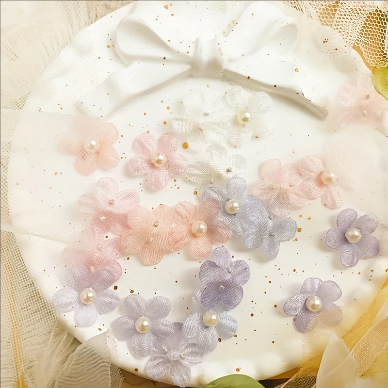 Mix 50 Stück/Beutel, 2 cm Durchmesser Organza Perlenblume handgemachte DIY Scrapbook, Grußkarte, Geschenkbox, Puppenkleid, Dekoration Blumen
