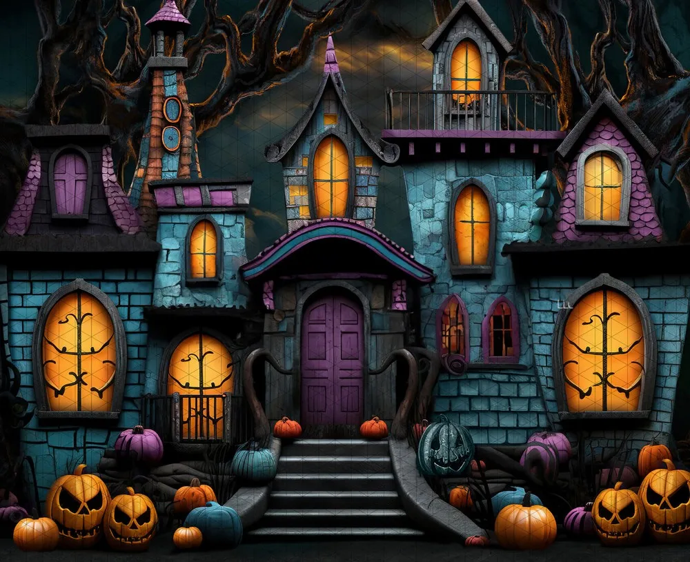 Johnson pumpkin castle palace staircase night backdrops High quality computer print halloween Photography Studio Backgrounds