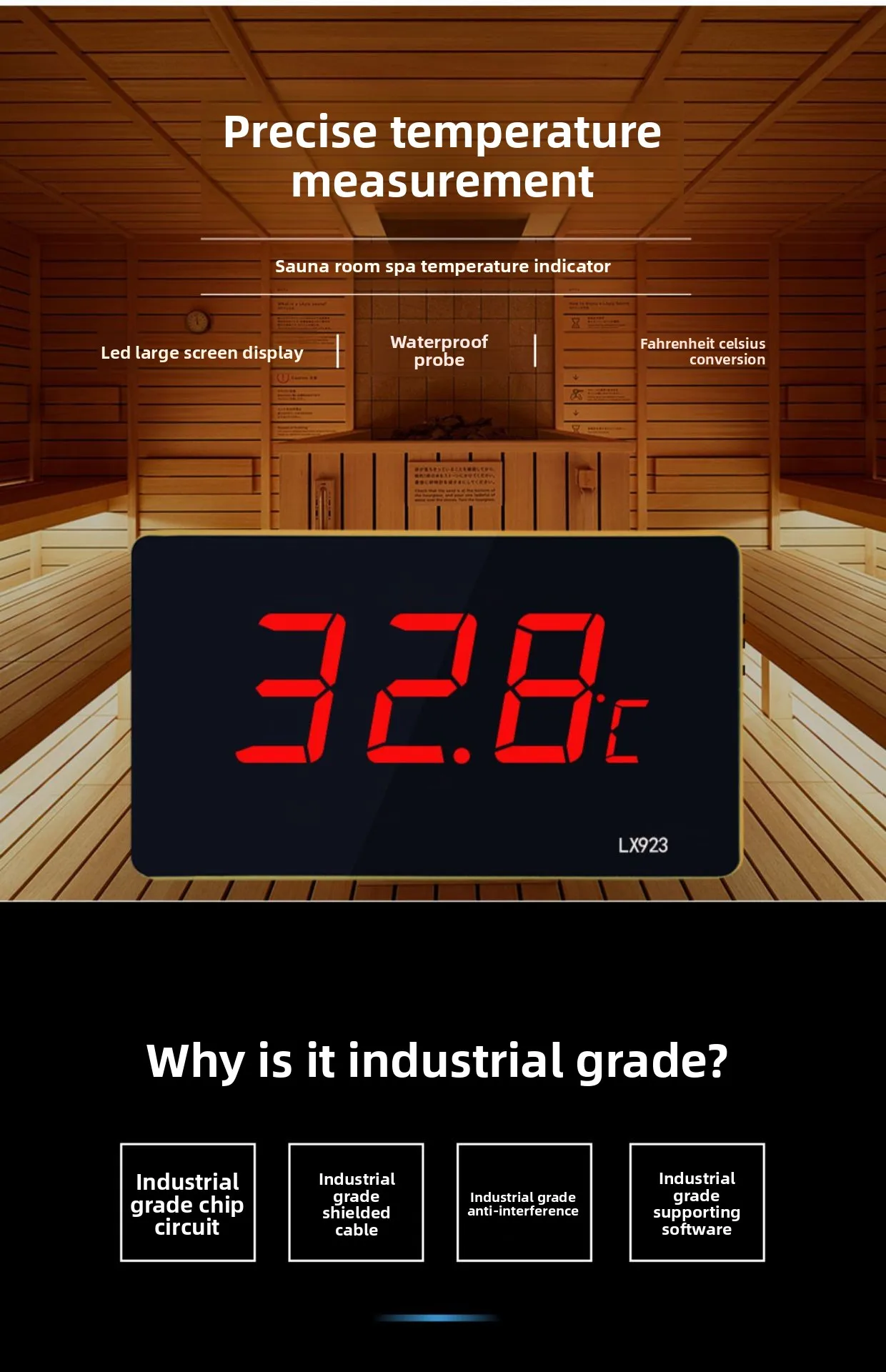 Industrial Digital Thermometer Waterproof Probe Suitable for Sauna Swimming Hotel Indoor Temperature Display Instrument