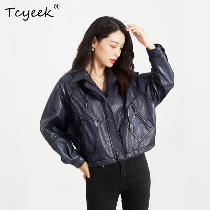 Tcyeek Real Leather Jacket Women Oil Wax Cowhide Coat Motocycle Jackets Woman Spring Autumn Clothes Loose Fit Jaqueta De Couro