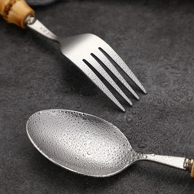 Bamboo Handle Knife Fork and Spoon Tableware Set Stainless Steel Tableware Steak Cake Dessert Tools Natural Bamboo Tableware Set