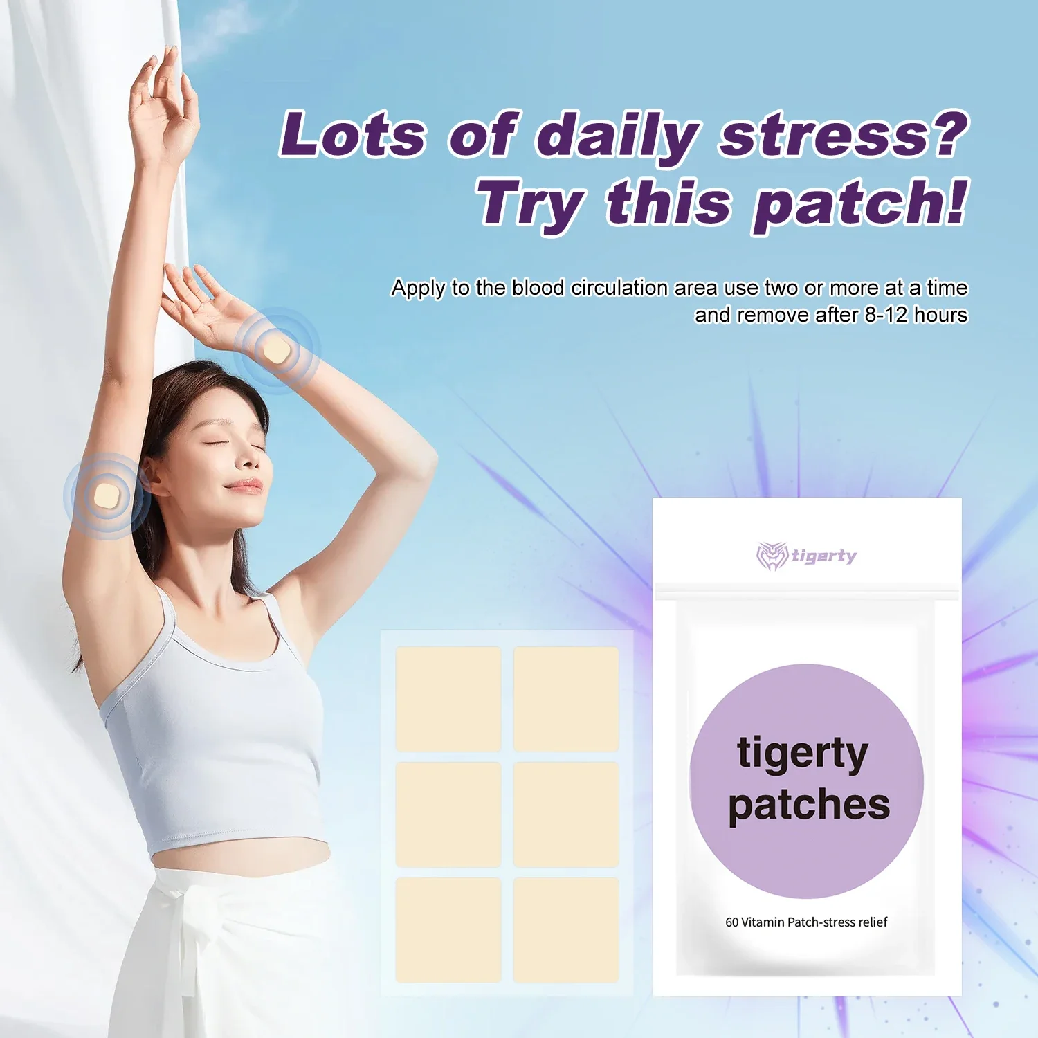tigerty Stress Relief Vitamin Patch with Ayurvedic Extract, Rhodiola & GABA, 60Pcs/Box Transdermal Patches for Calm & Relaxation