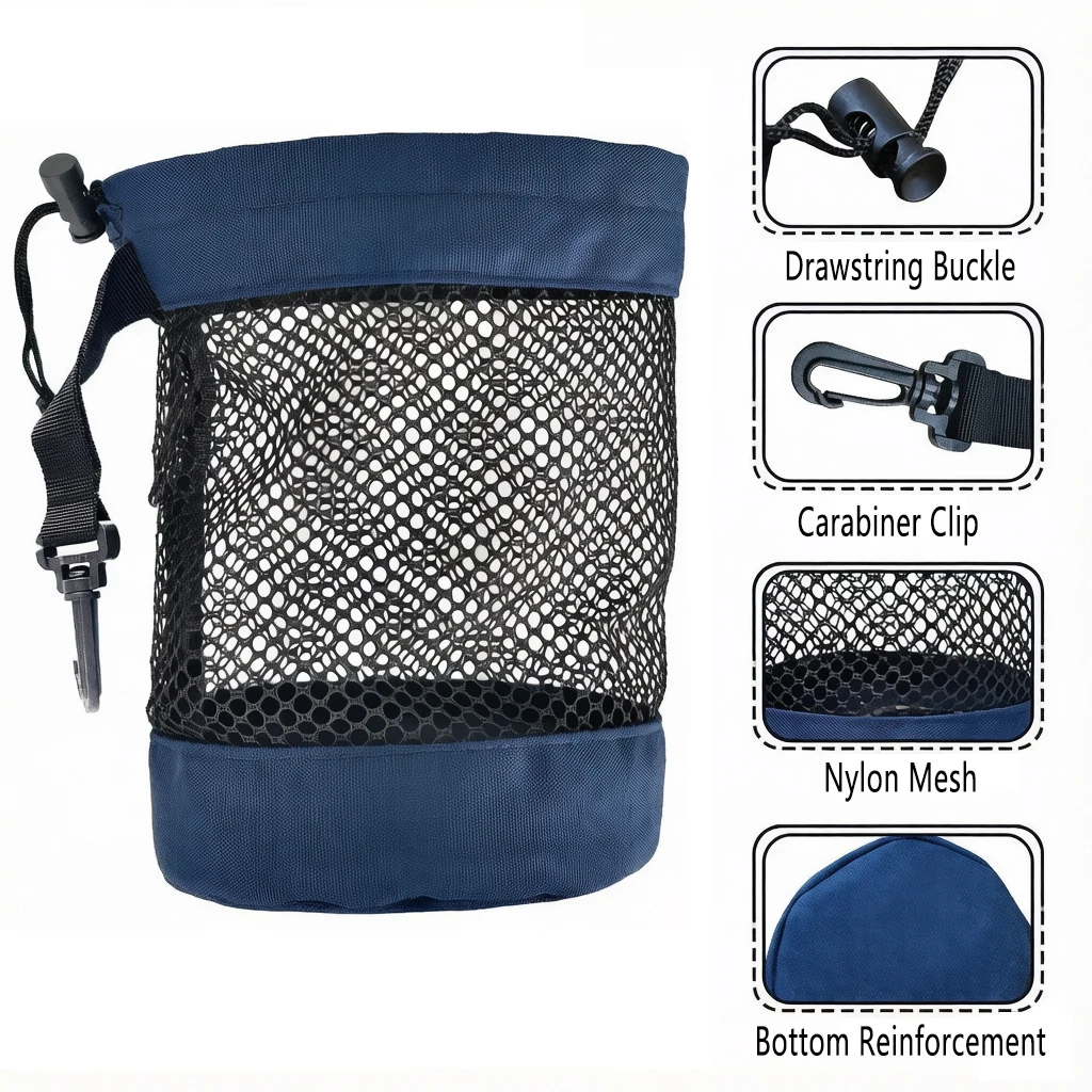 SSUNTAK Portable Golf Mesh Drawstring Pouch Golf Ball Storage Bag with Carabiner Hook Lightweight Golf Accessories Carry Net Bag