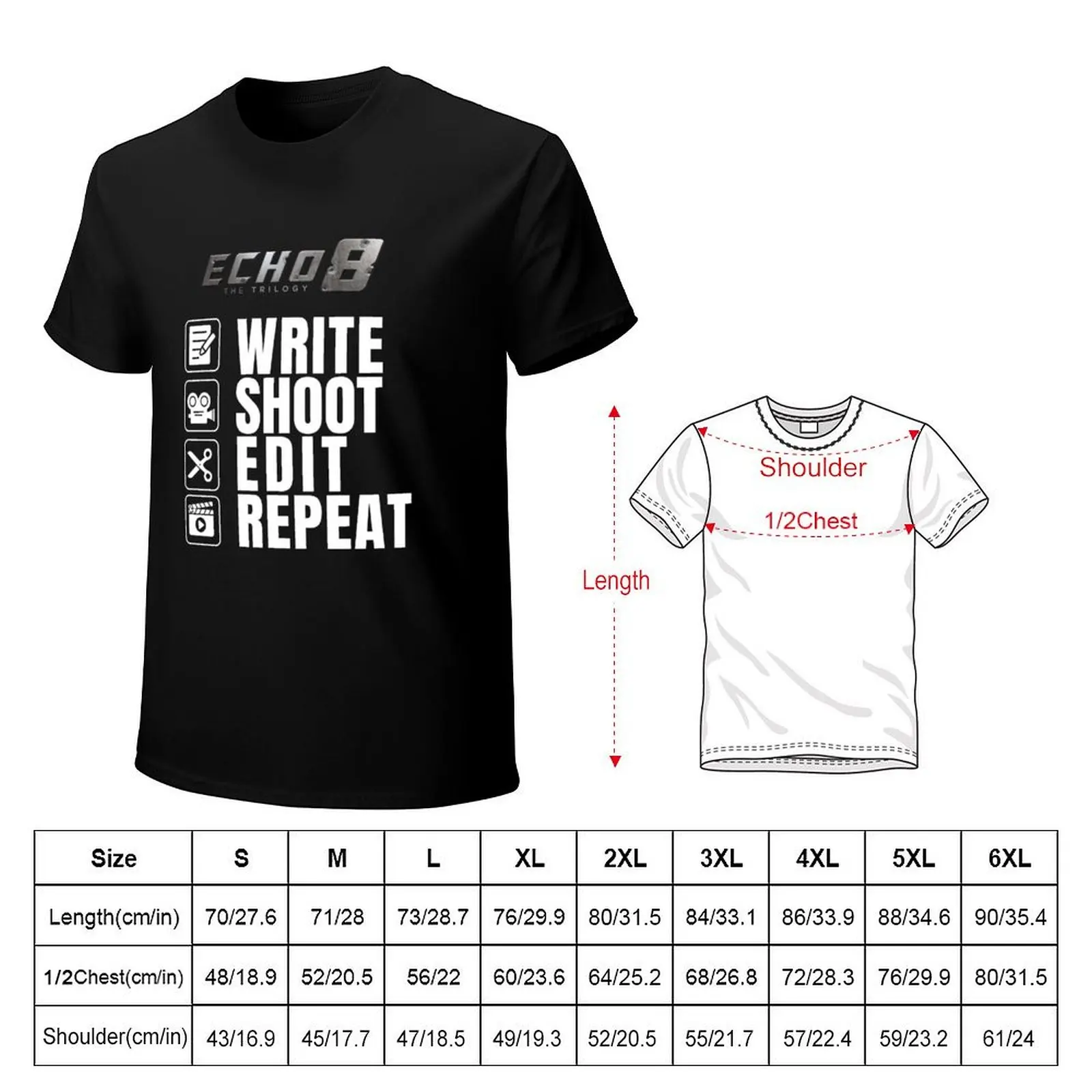 Write, Shoot, Edit, Repeat: Echo 8 Trilogy on Black T-Shirt Odor Resistant Short Sleeve Top