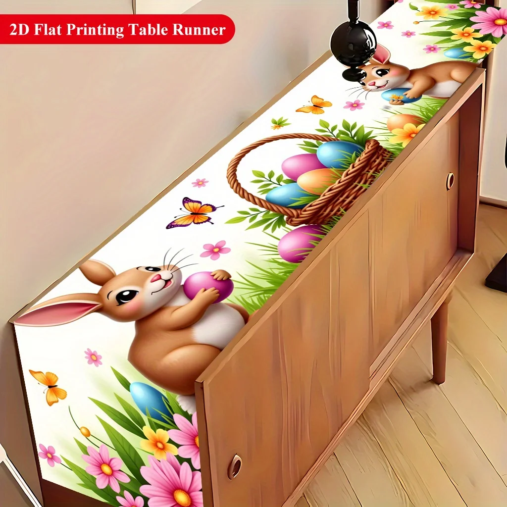 1Pc Easter Bunny Egg Table Runner Cartoon Cute Pet Holiday Table Decor Cloth Party Scene Arrangement Long Tablecloth - Detail 1
