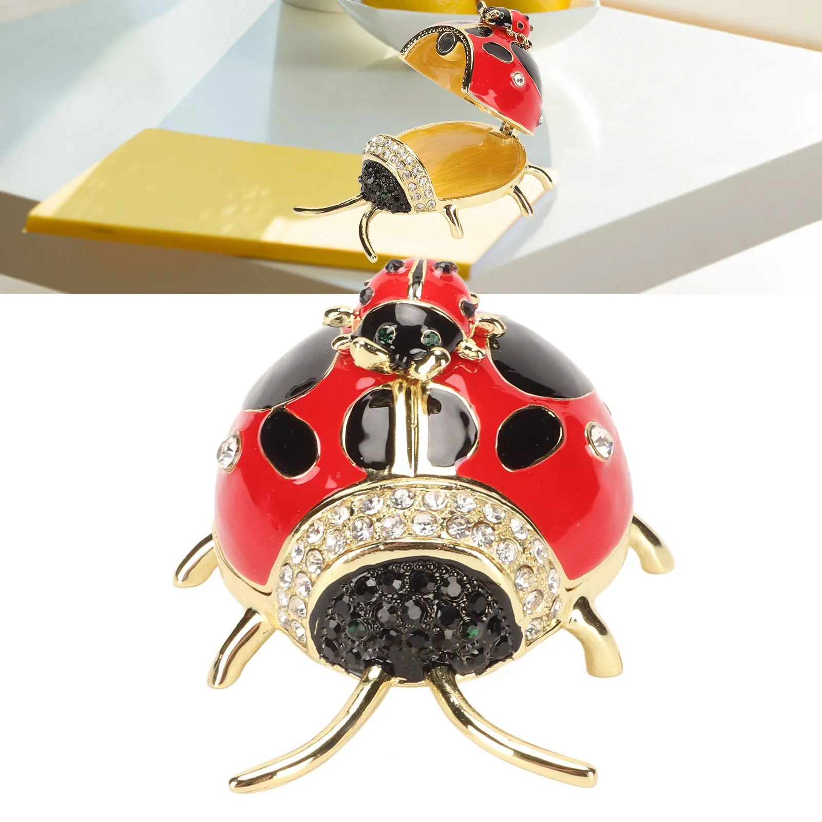 Ladybug Trinket Box Red Colored Enamel Crystal Hand Painted Rings Earrings Jewelry Storage Box Ornament