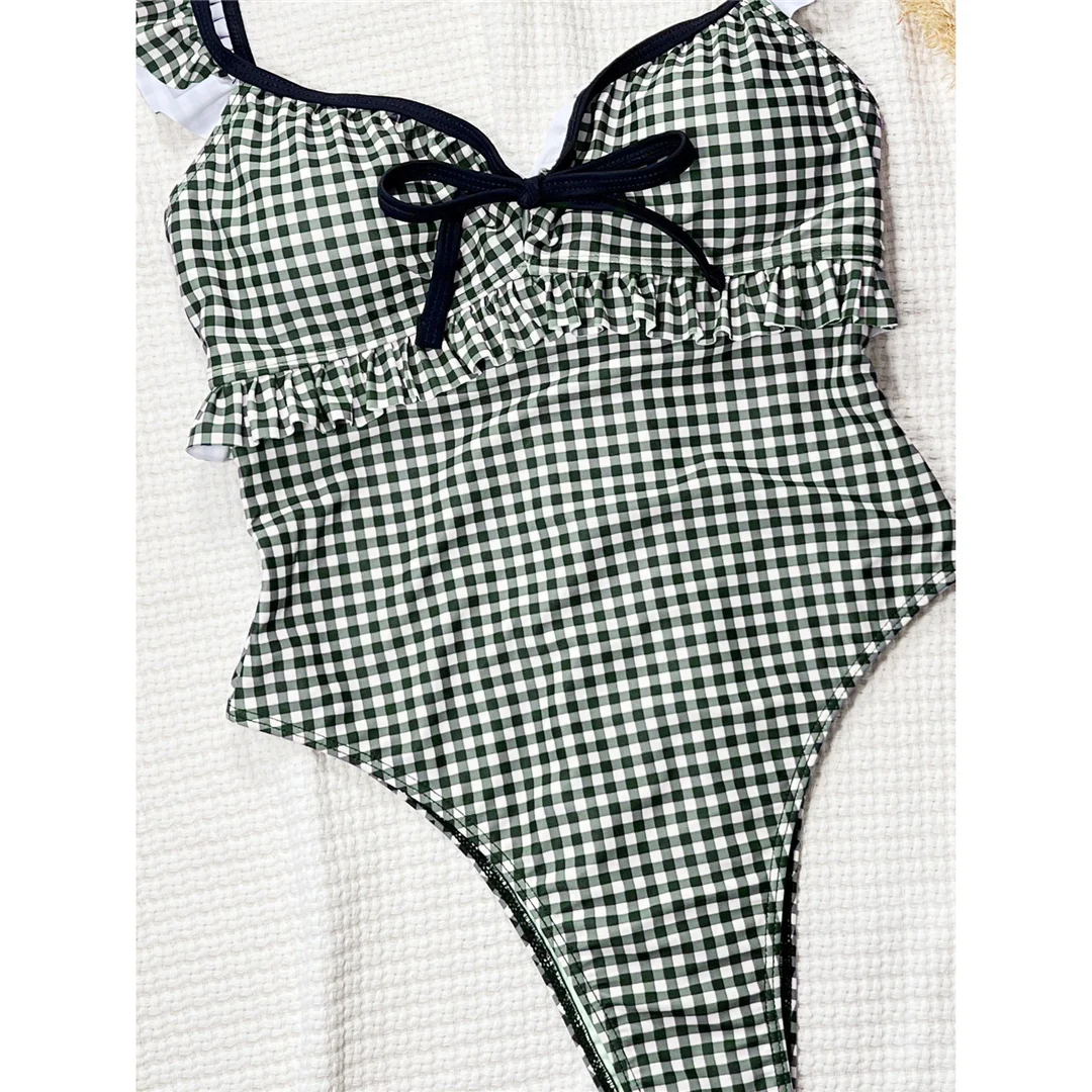 2026 Neuer Karierter Monokini-Badeanzug mit Schleife am Rücken, Rückenfreier Einteiler, Damen-Bademode, Hochgeschnittene Beine, Gepolsterter Badeanzug, Badebekleidung V6928 – Detail 8