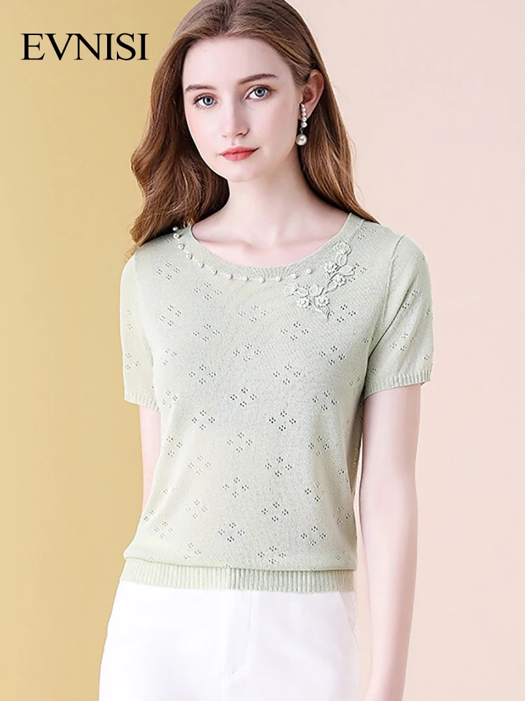 EVNISI Green Short-Sleeve Tops Women Summer 2022 New Casual Loose Fashion Knitted Embroidered Flares Hollow Out