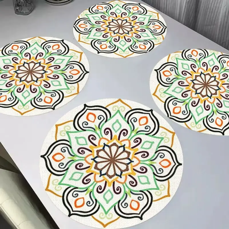 VIKAMA Bohemian Mandala Pattern Round Linen Placemats, Heat Resistant Washable Table Mat for Dining Table Kitchen Home Decor