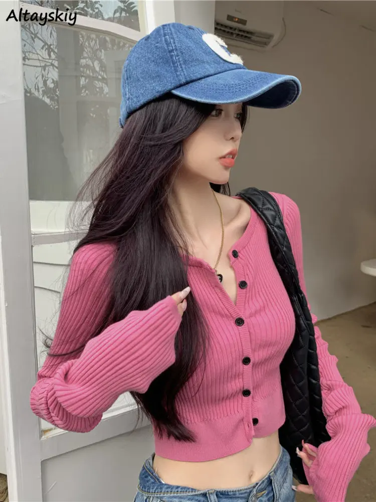 

Pink Slim Cardigan Women Cropped Sweaters Autumn Long Sleeve Knitwear Harajuku Stylish for Ladies Y2k Clothes Sexy Cute Retro