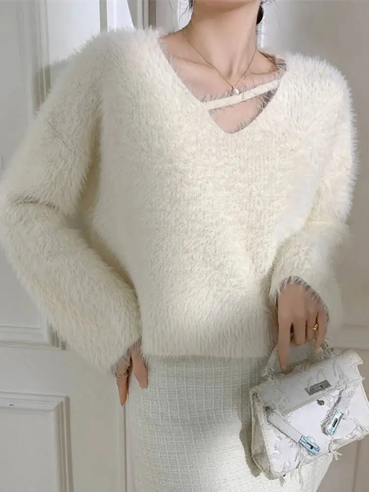 Brown Big Size Warm Knitting Sweater V-Neck Long Sleeve Women Pullovers New Fashion Tide Spring Autumn