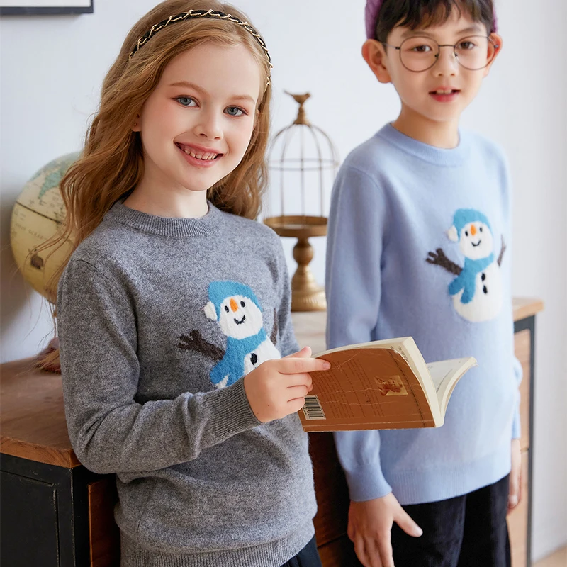 

Children's high-quality pure wool sweater boys' and girls' snowman jacquard knitted sweater pullover Pure Woolkeep warm sweater