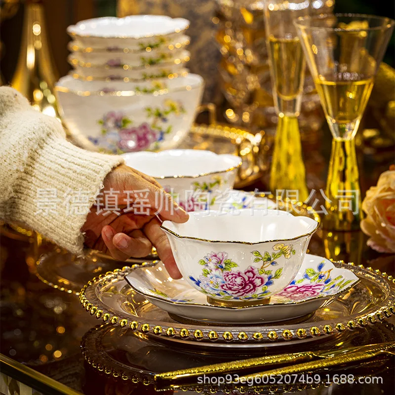 HYS high white porcelain new Chinese lace bowl high-end household ceramic eating bowl rice bowl high foot