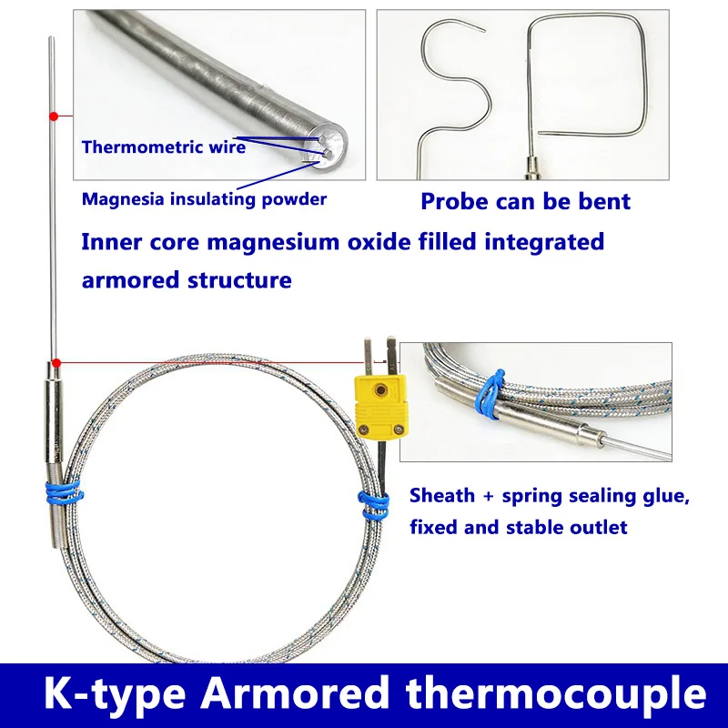 Sensor de termopar tipo K con sonda de inserción puntiaguda de acero inoxidable de alta temperatura, 500 ℃ con Cable trenzado de acero inoxidable