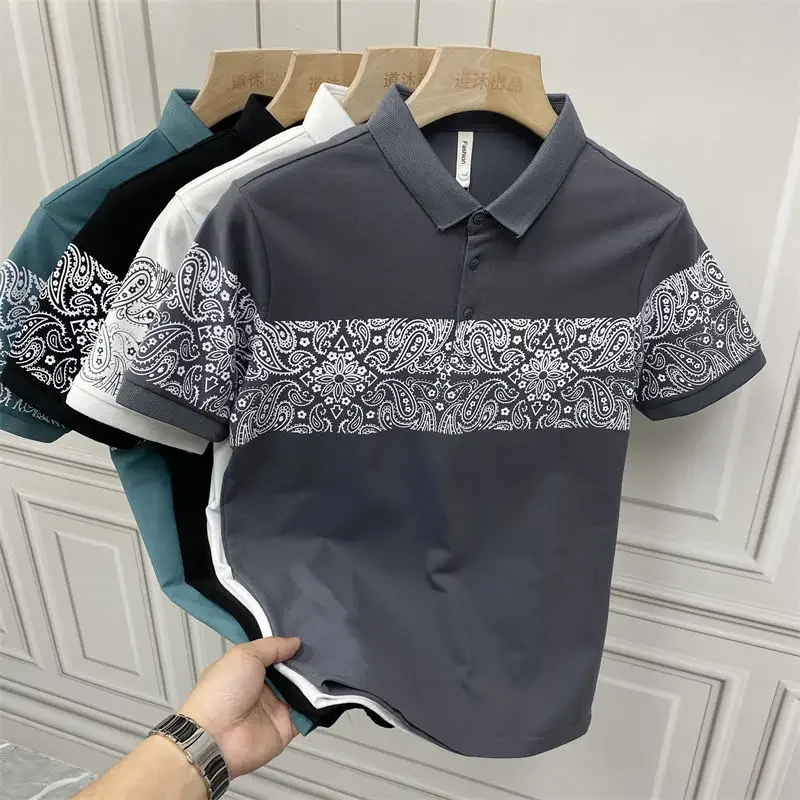 

Male Polo Shirts Print White Black O Neck Skinny Top Men's Clothing 2025 Short Quarter Sleeve Elastic Mens with Collar T-shirt