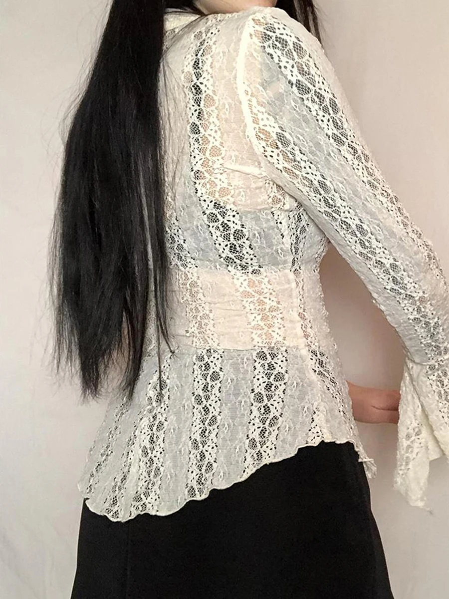 Retro Fairycore Grunge Lace Crop Top Chic Women Button Up Flare Sleeve Tees Y2K Aesthetic 90s Vintage Transparent T-shirt