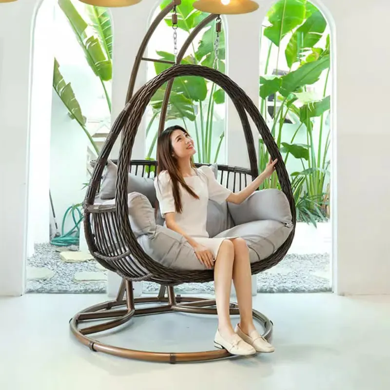 Bedroom Swing Chair With Stand Indoor Outdoor Wicker Rattan Patio Basket Hanging Chair With UV Resistant Cushions Room Furniture