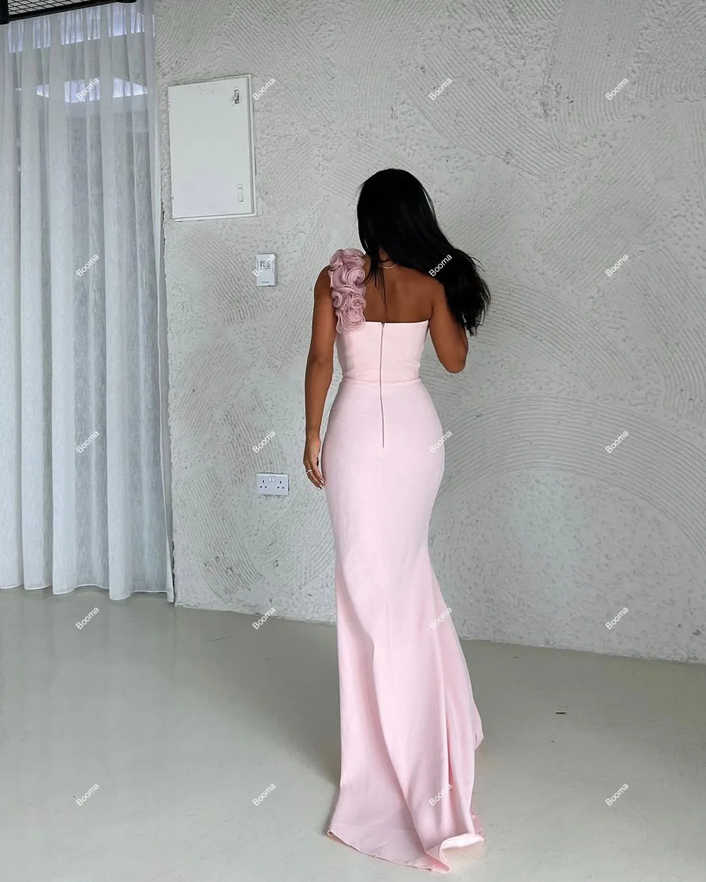 Booma Pink Mermaid Evening Dresses One Shoulder Sleeveless Ruffles Formal Occasion Gowns Dubai Wedding Party Dress with Train