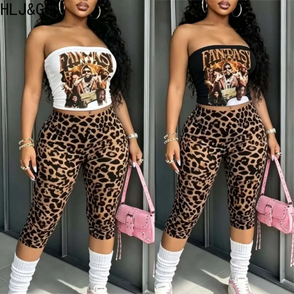 HLJ&GG Y2K Fashion Letter Print Women 2 Piece Outfit Sleeveless Backless Crop Top+Leopard Print Capri Pants Matching Streetwear