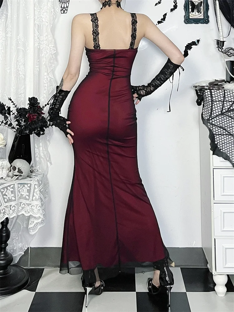 Vestido feminino vintage gótico vermelho escuro, design cruzado, 2 camadas, elegante, estética, fada, grunge, sexy, vazado, sem mangas, halter