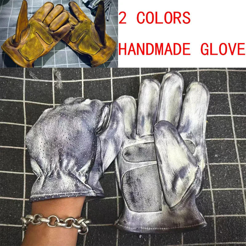 Handmade Summer Perforated Vintage Leather Gloves - Heavy Distressed White/Dark Brown, Full Finger Motorcycle & Driving Gloves