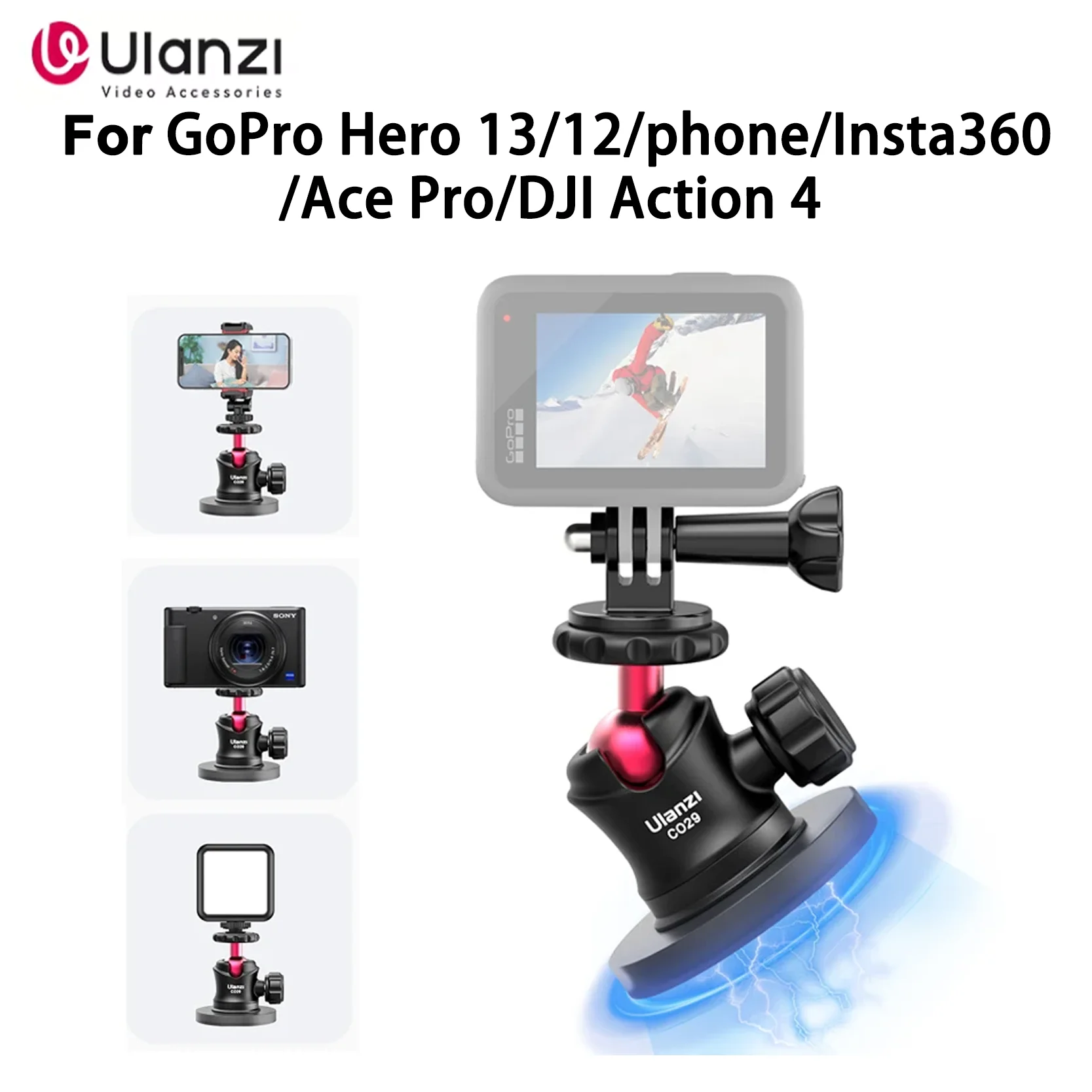 

Ulanzi C029 Camera Suction Mount Magnetic Bracket 1/4 screw port compatible GoPro Hero 13/12/phone/Insta360/Ace Pro/DJI Action 4