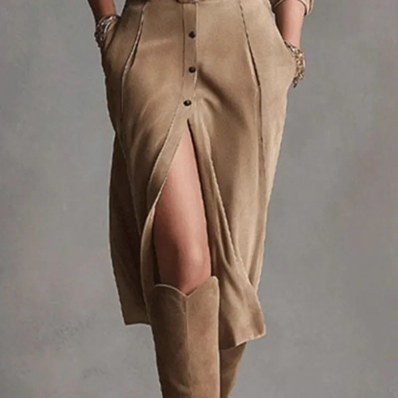 French Retro Solid Suede A-Line Party Dress Woman Lapel Single Breasted Shirt Dress Fall Long Sleeve Pocket Slit Elegant Dresses