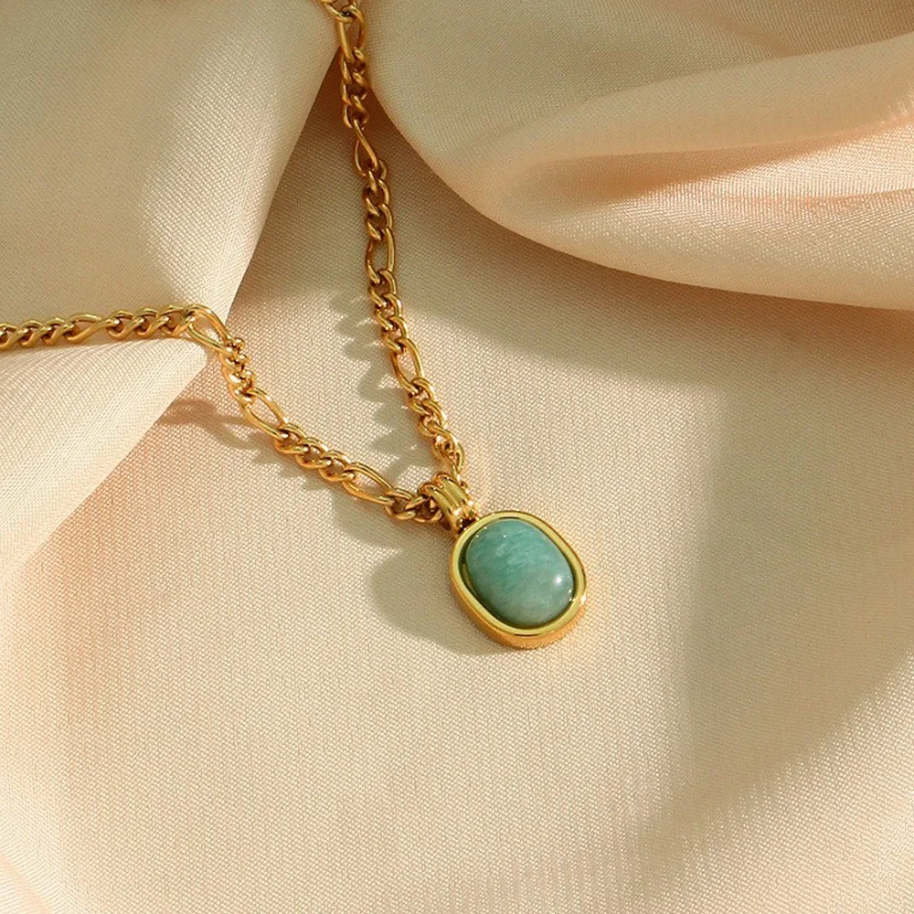 Unique Roman Holiday Mint Green Oval Jewelry Tianhe Stone Stainless Steel 18k Gold Plated Ellipse Pendant Necklace Baby Jewelry