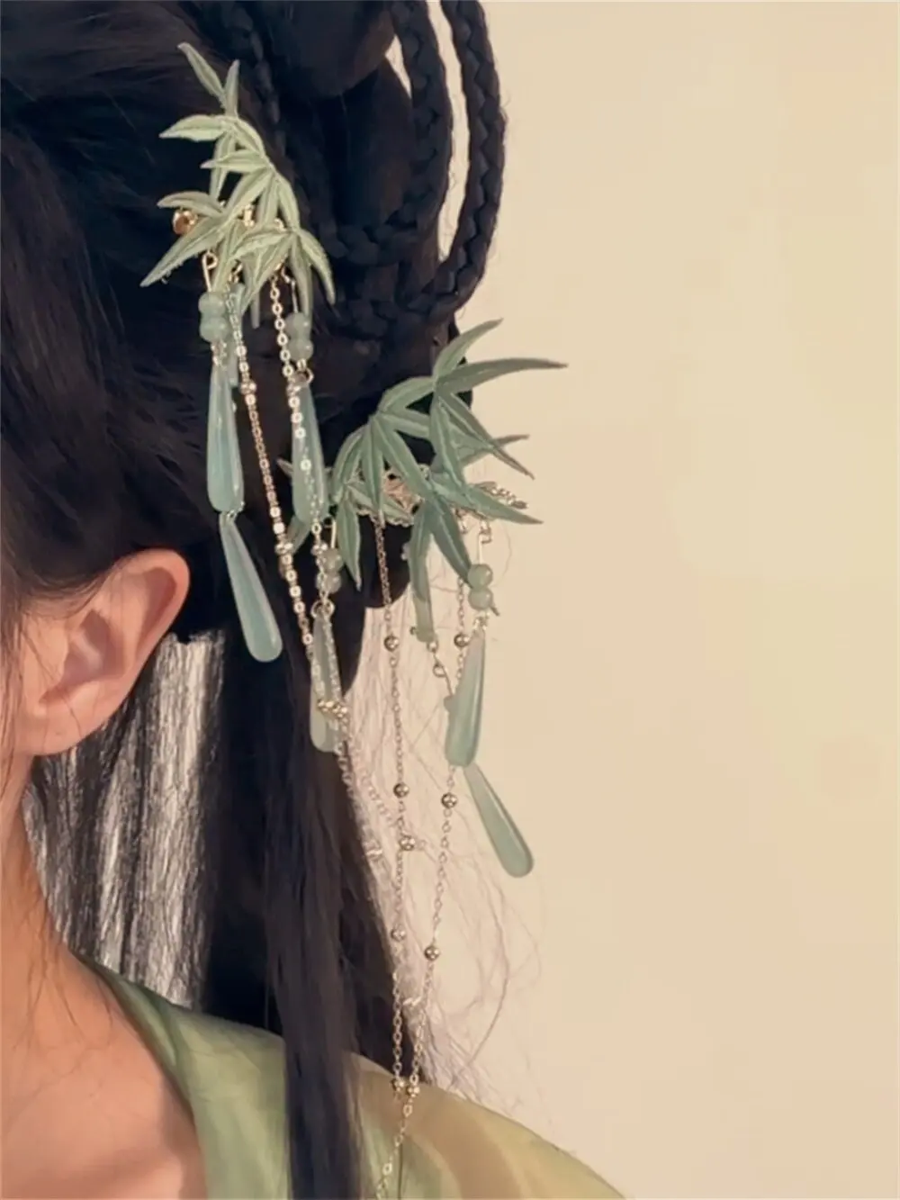 Chinese Style Hanfu Hair Clips 2 Pcs Green Bamboo Tassel Side Hairpins Vintage Cheongsam Hair Accessories For Women Girls Cospla