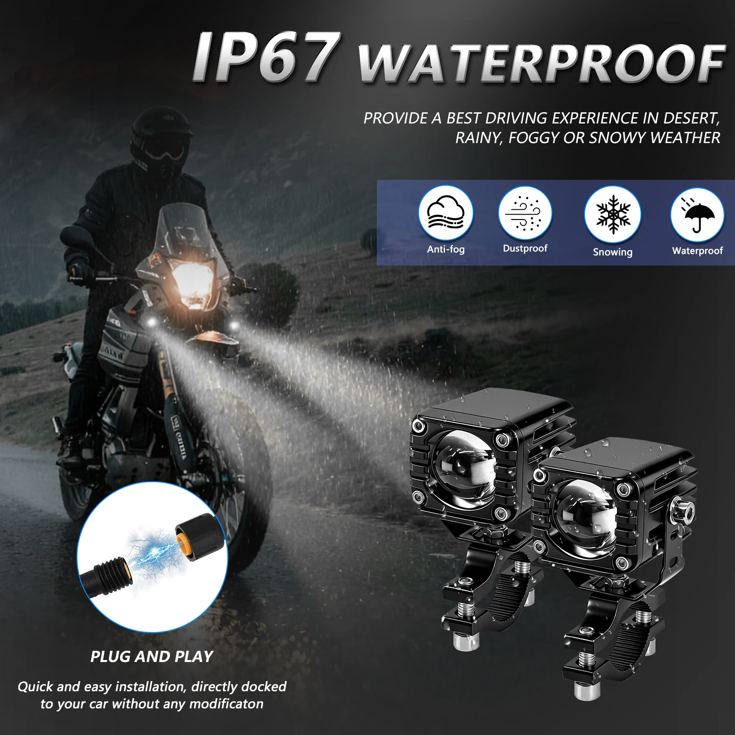 Motorcycle Spotlight 18000LM Motorcycle Front Headlight  White/Yellow Wire Harness Light for ATV Truck Dirt Bike SUV UTV