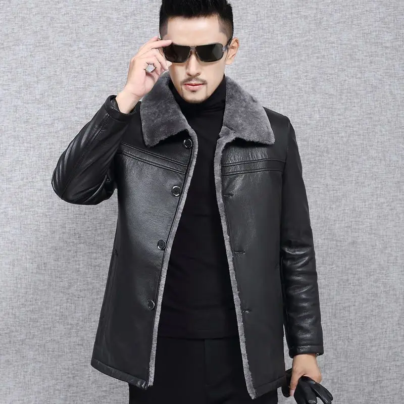 

New Winter Shearling Turn-Down Collar Genuine Leather Jackets Single Breasted Slim Fit Outerwear Plush Thicken Warm Male Coats